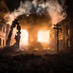 Mixed Barrage Torches Homes, Hospitals Strained Street with burning buildings and heavy smoke at night