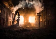 Mixed Barrage Torches Homes, Hospitals Strained Street with burning buildings and heavy smoke at night