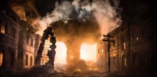 Street with burning buildings and heavy smoke at night
