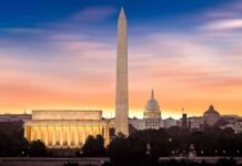 Washington Monument with Lincoln Memorial and U.S. Capitol at sunset