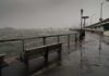 stormy waterfront promenade with benches and choppy water