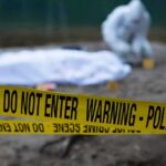 Crime scene with police tape and forensic investigator