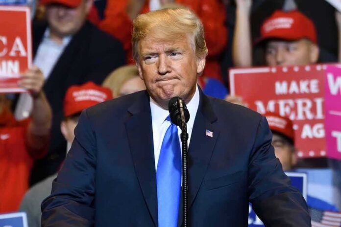 Donald Trump speaking at a rally podium