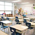 Empty classroom with rows of student desks and chairs