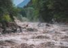 Flooded river gorge with fast muddy water and rocks
