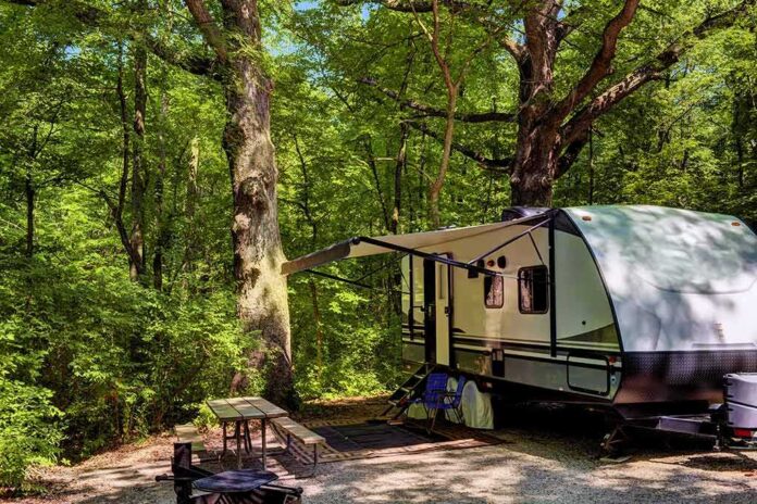 shutterstock_1780179764 travel trailer parked at a wooded campsite