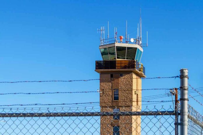 Airport control tower behind chain-link and barbed-wire fence