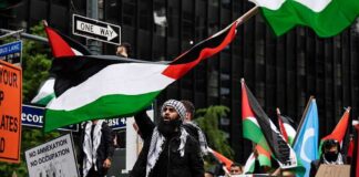 Protesters wave Palestinian flags at a city street demonstration