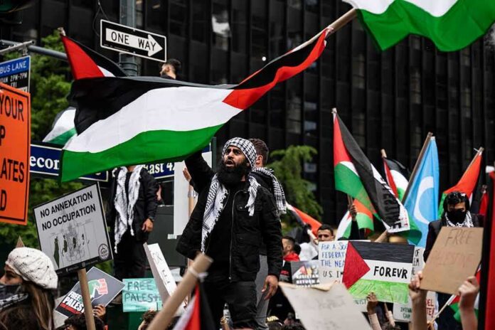 shutterstock_1973000603 Protesters wave Palestinian flags at a city street demonstration
