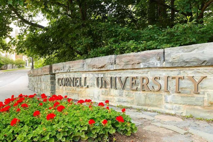 shutterstock_2015792822 Cornell University stone entrance sign with red flowers