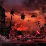 Residential Blocks Cratered – Rescuers Dig Post-apocalyptic city street with helicopters and rubble