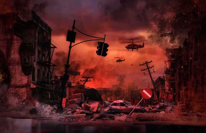 Post-apocalyptic city street with helicopters and rubble